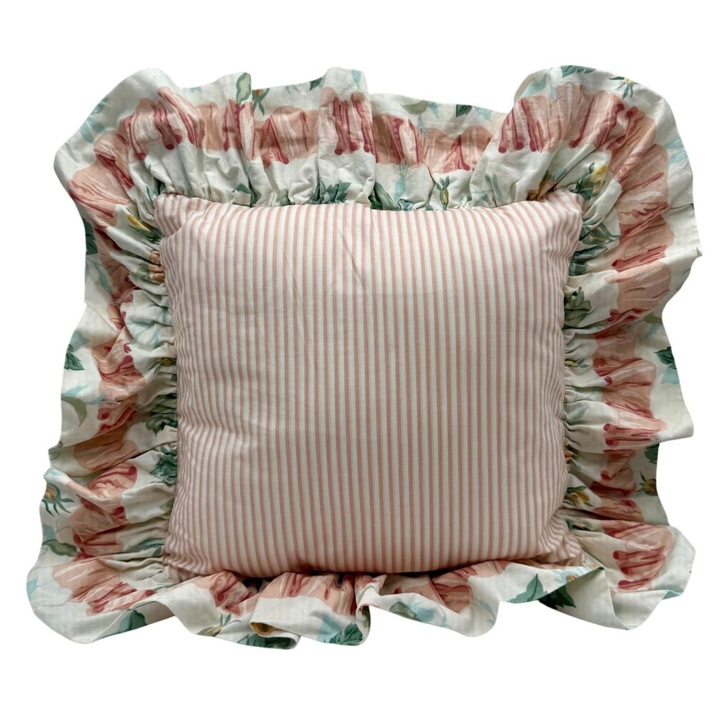 Vintage Cotton Sateen Floral Ruffle‎ Pillow Set Pink Stripe Round Cottage Accent - Picture 3 of 8